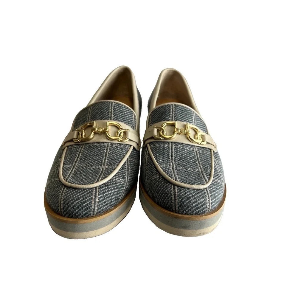 NYDJ  Women Edward Suede Wedge Shoes Sz 7.5M Grey Plaid Gold Buckle Comfort
